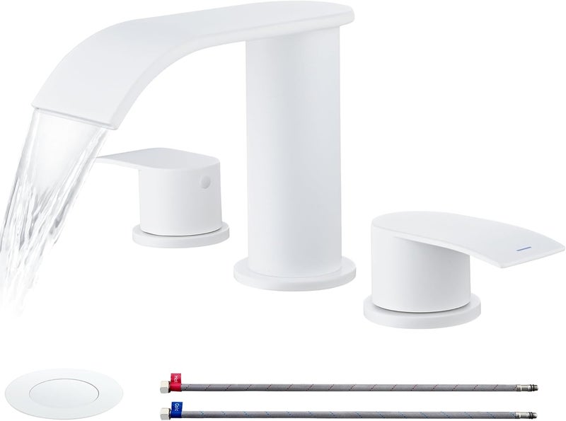 Ultimate Unicorn 8 inch Bathroom Faucet White, Waterfall Bathroom Sink Faucet with Metal Pop-up Drain Stopper and 2 Supply Hoses,2 Handle Widespread Faucets for Vanity Sink 3 Holes - Image 1
